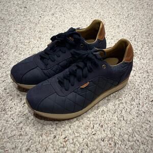 Barbour Seth Quilted Sneakers Sz 7 Navy Blue Brown Leather Casual Active